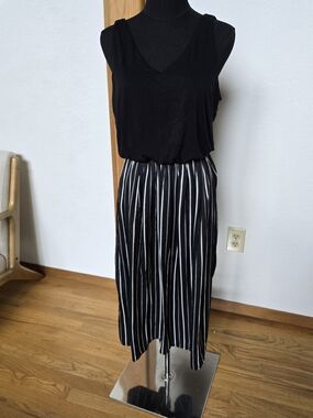 Loft Black White Stripe Mixed Media Midi Dress Blouson Waist Small S